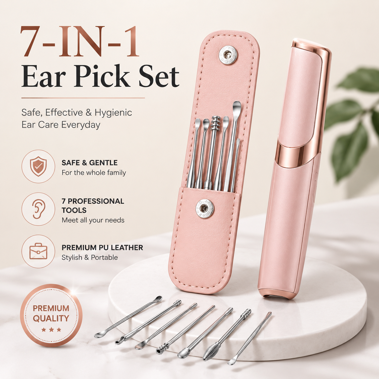 7-in-1 Stainless Steel Ear Cleaning Kit – Professional Ear Wax Removal Tool Set with Portable Leather Case