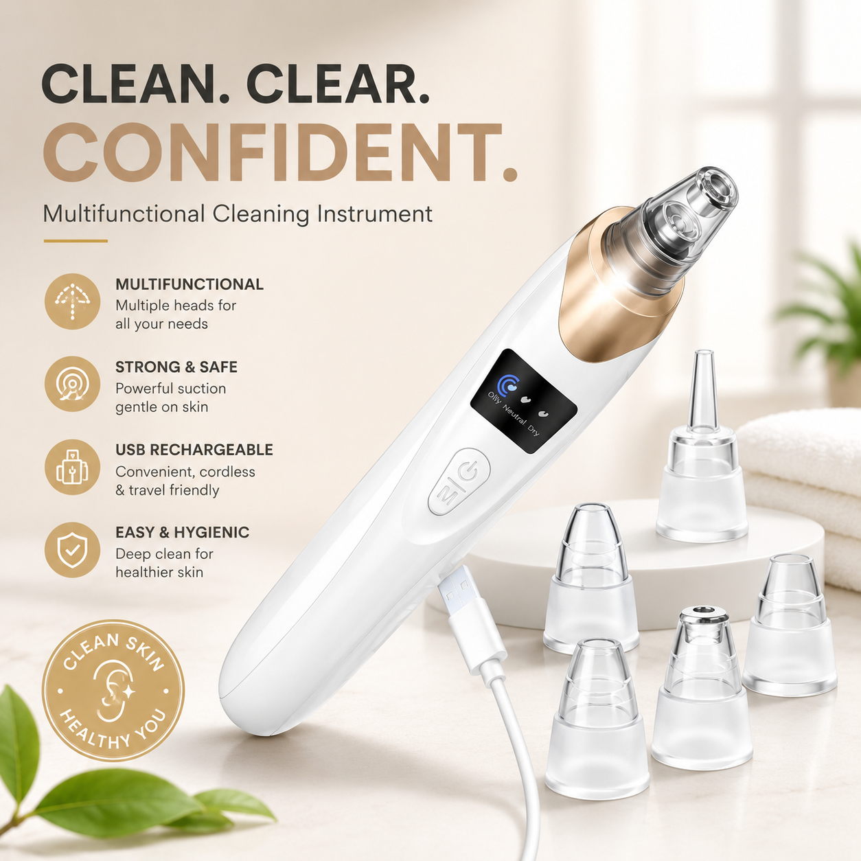 Electric Blackhead Remover Vacuum – Deep Pore Cleaner with 5 Suction Heads & 3 Adjustable Modes