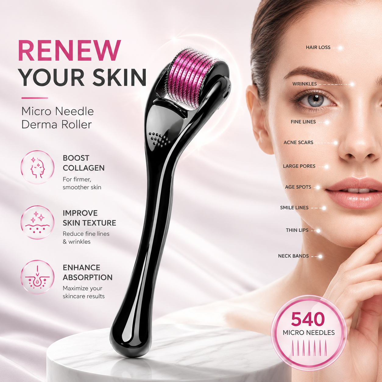 540 Needle Derma Roller – Professional Microneedling Skincare Tool for Face, Beard & Hair Growth