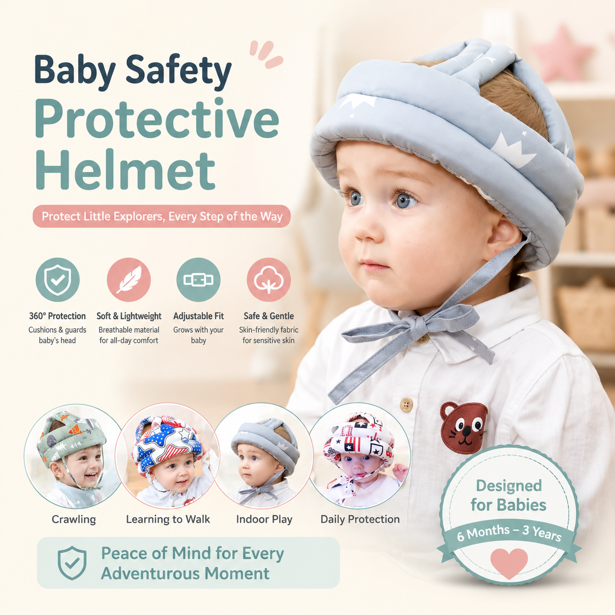 Baby Safety Head Protection Helmet – Adjustable Soft Cushion Anti-Fall Head Guard for Crawling & Walking Babies