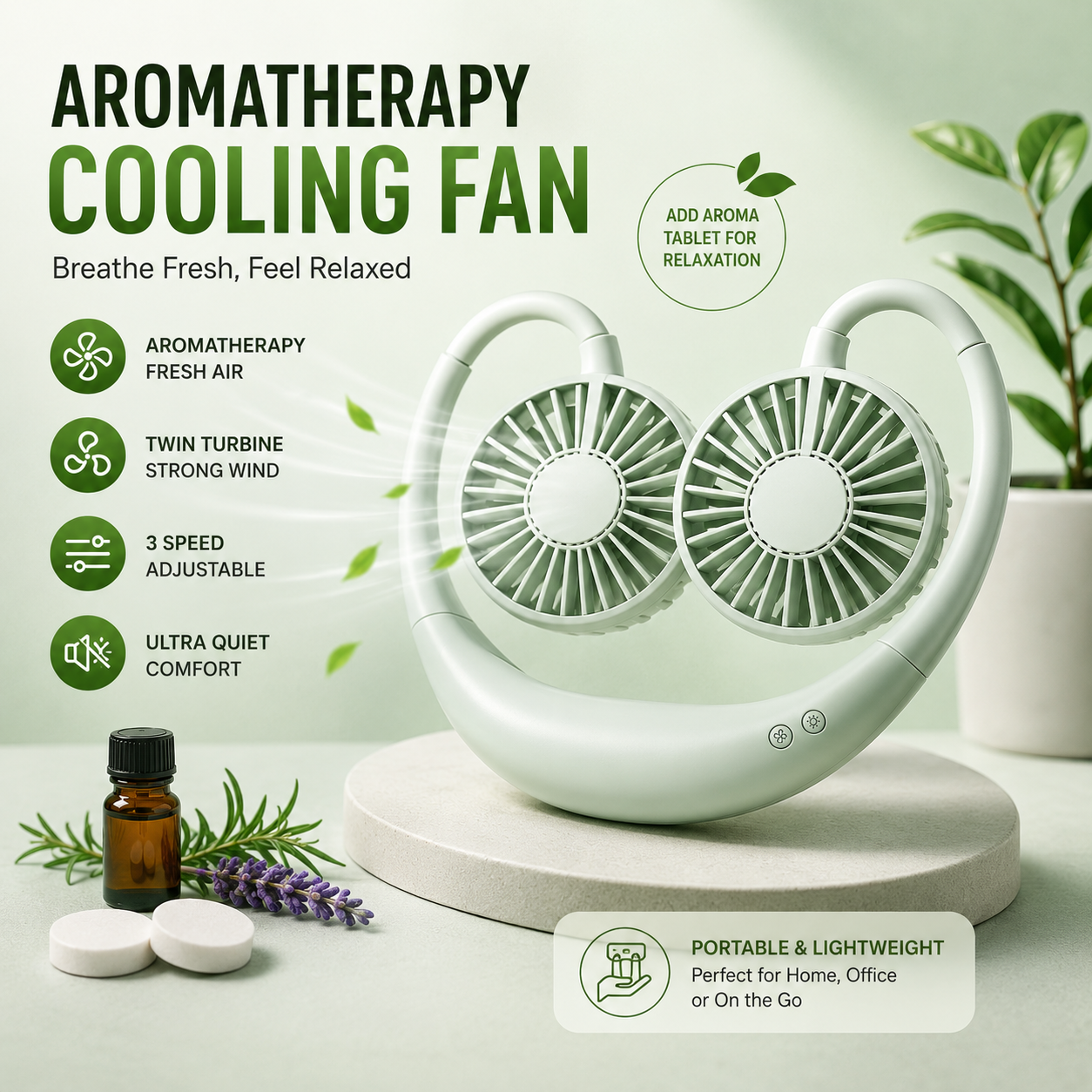 Portable Rechargeable Neck Fan – Dual Turbo Hands-Free Cooling Fan with LED Lights