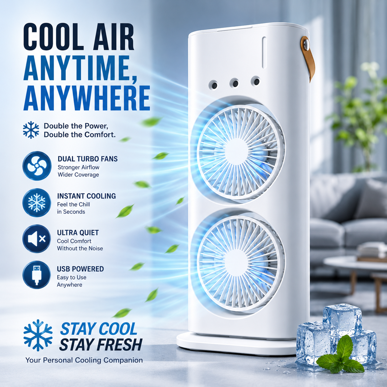 Portable Dual Fan Air Cooler – Rechargeable Mini Cooling Fan with LED Light & Humidifier