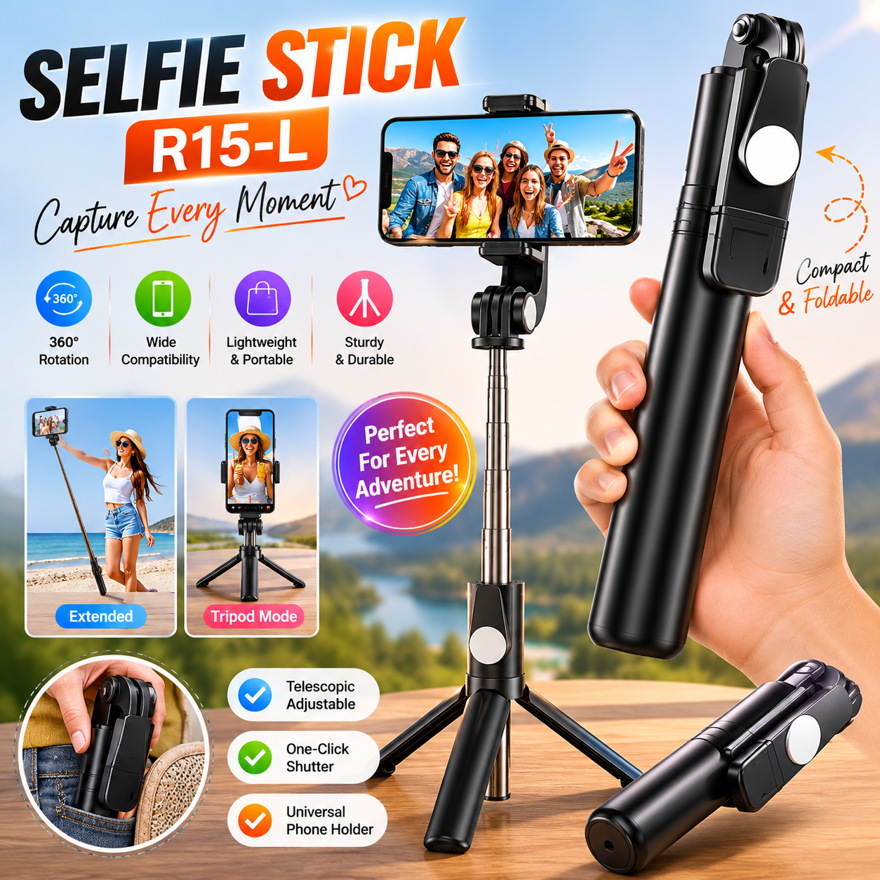 Wireless Selfie Stick Tripod – Extendable Bluetooth Selfie Stick with Remote Control & Phone Holder