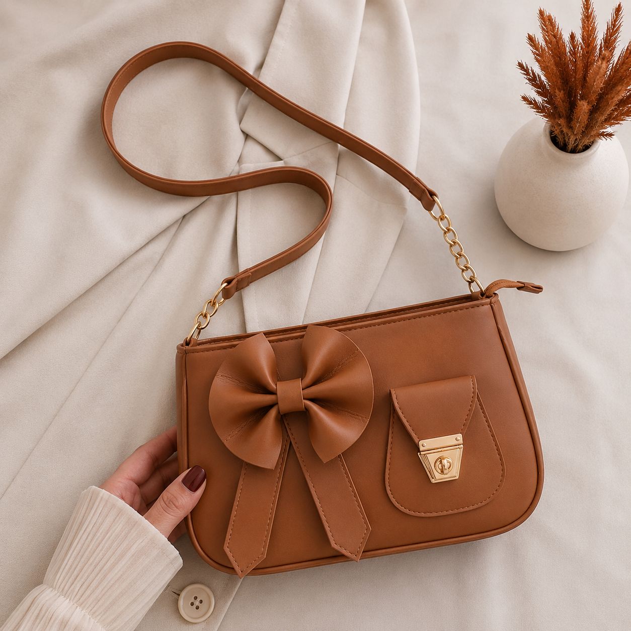 Bella Bow Shoulder Bag – Fashion Mini Handbag with Decorative Bow Design and Luxury Gold Hardware | TRYNDZI