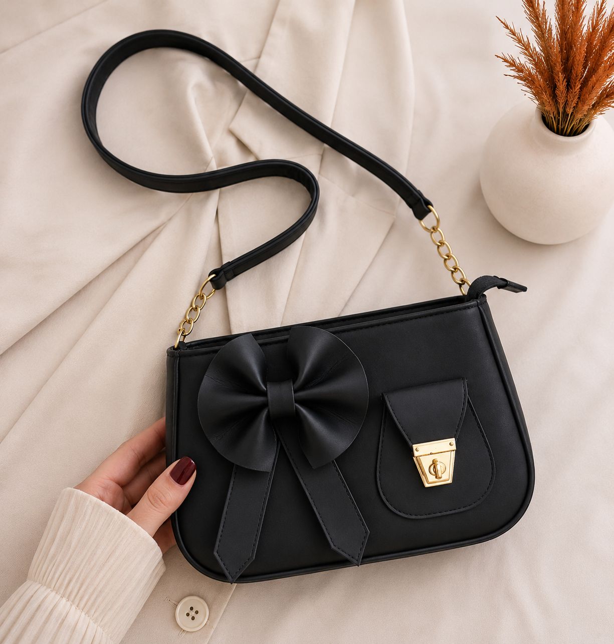 Bella Bow Shoulder Bag – Fashion Mini Handbag with Decorative Bow Design and Luxury Gold Hardware | TRYNDZI