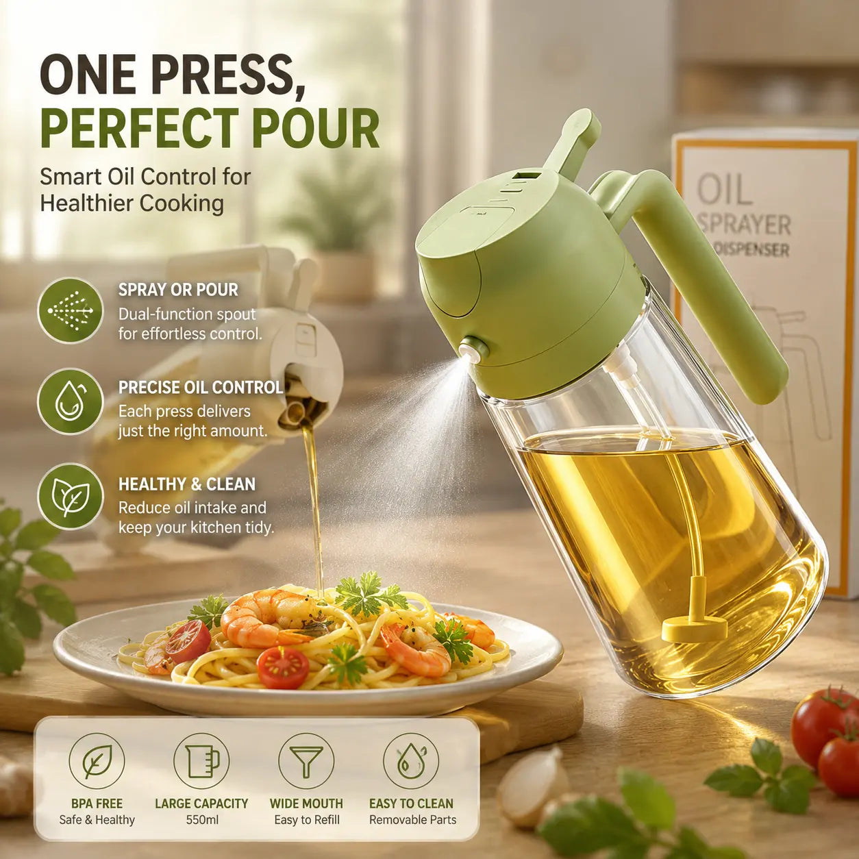 2-in-1 Oil Sprayer & Dispenser Bottle – 470ml Leak-Proof Glass Olive Oil Spray for Cooking, Air Fryer, BBQ & Salads