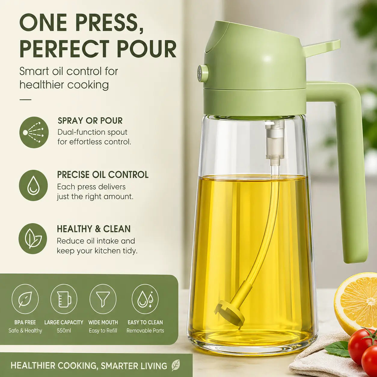 2-in-1 Oil Sprayer & Dispenser Bottle – 470ml Leak-Proof Glass Olive Oil Spray for Cooking, Air Fryer, BBQ & Salads