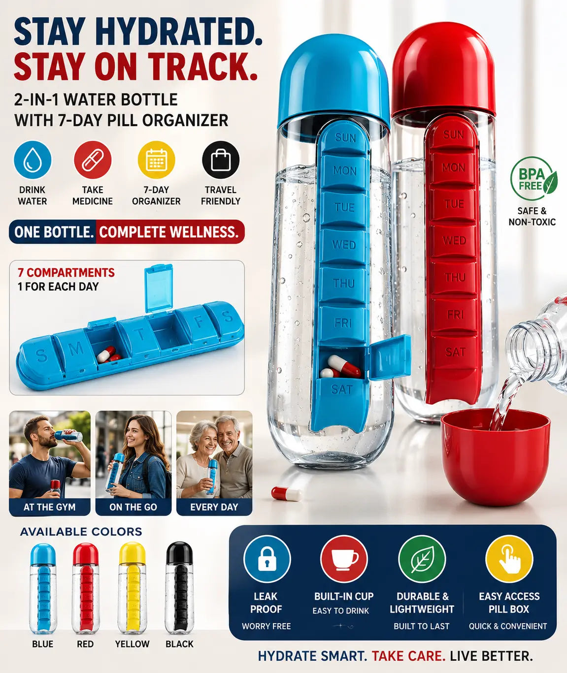 2-in-1 Water Bottle with Weekly Pill Organizer – Portable Medication & Hydration Companion for Travel, Office & Daily Use