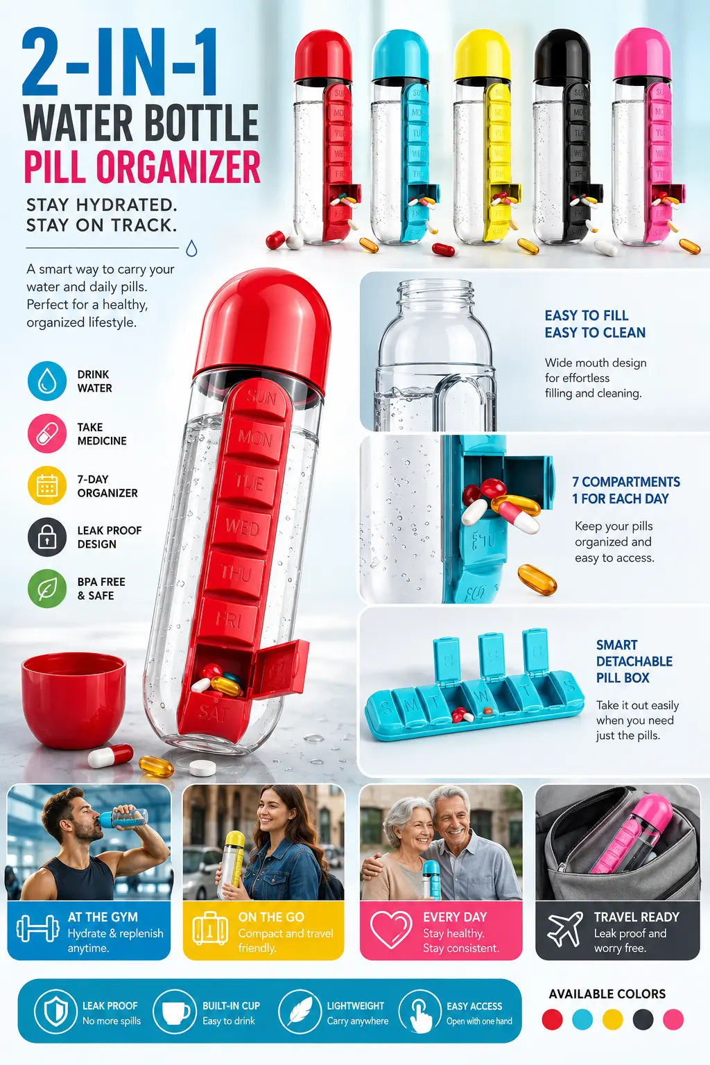 2-in-1 Water Bottle with Weekly Pill Organizer – Portable Medication & Hydration Companion for Travel, Office & Daily Use