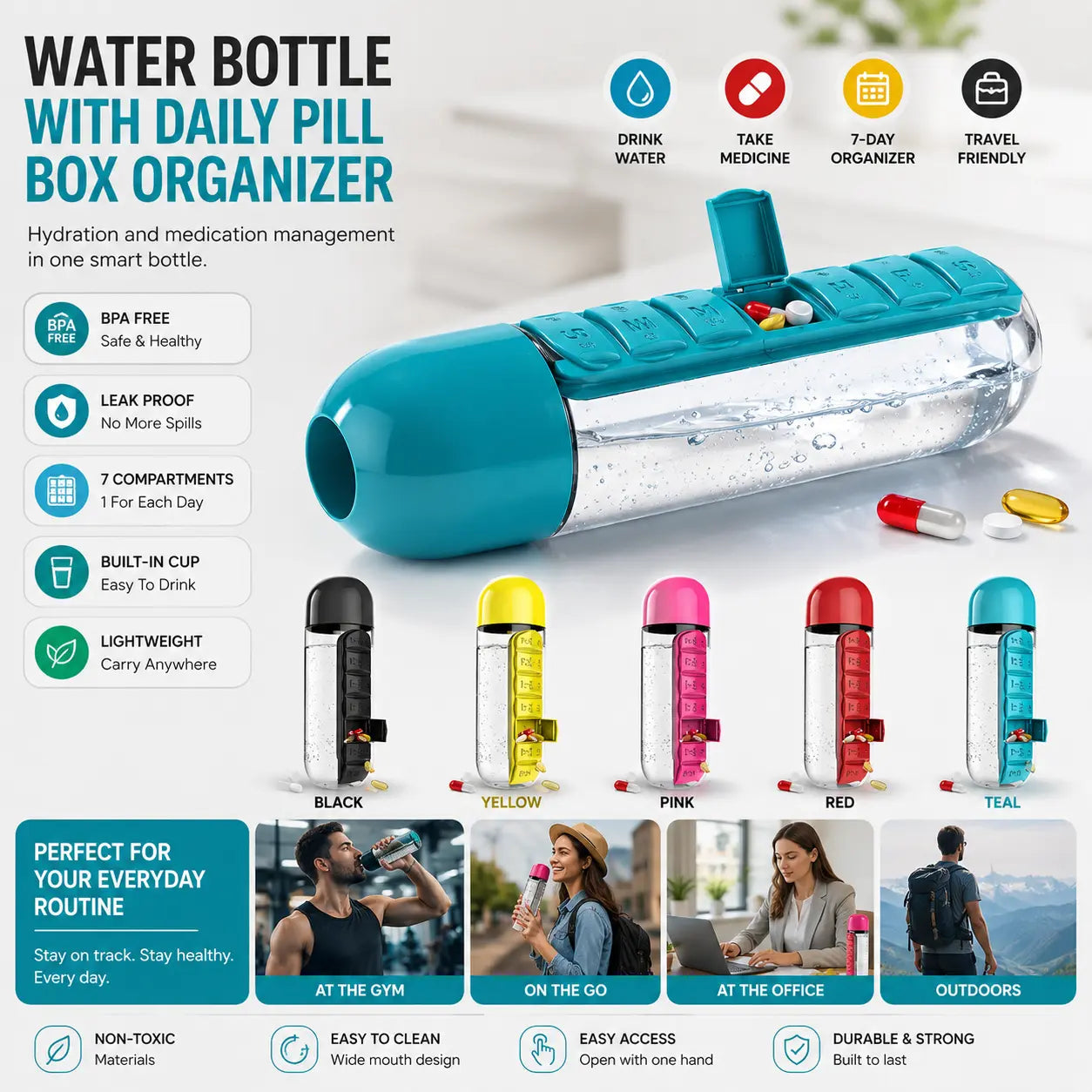 2-in-1 Water Bottle with Weekly Pill Organizer – Portable Medication & Hydration Companion for Travel, Office & Daily Use