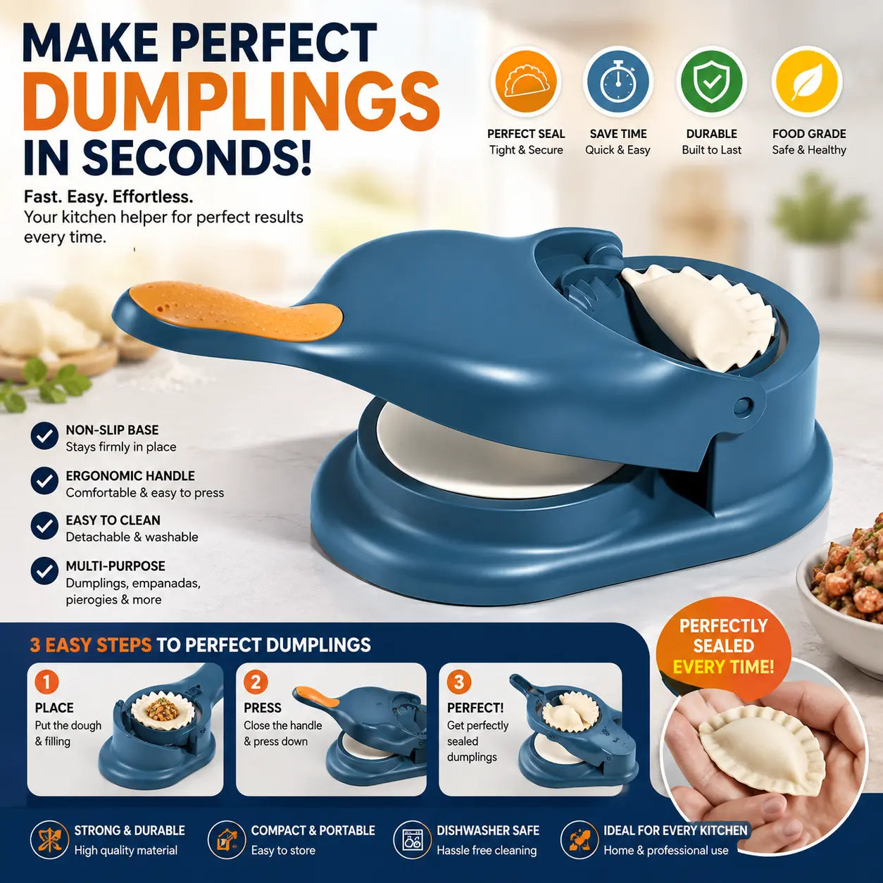 Premium Dumpling Maker Press – 2-in-1 Fast Dumpling Mould & Sealer for Perfect Homemade Dumplings, Empanadas & Pastries