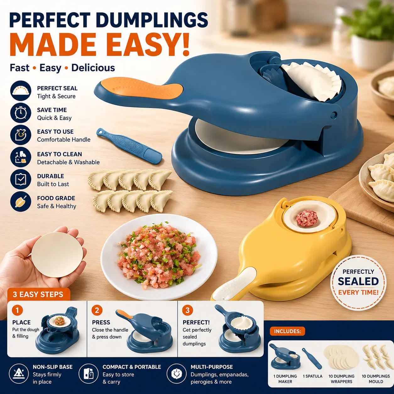 Premium Dumpling Maker Press – 2-in-1 Fast Dumpling Mould & Sealer for Perfect Homemade Dumplings, Empanadas & Pastries