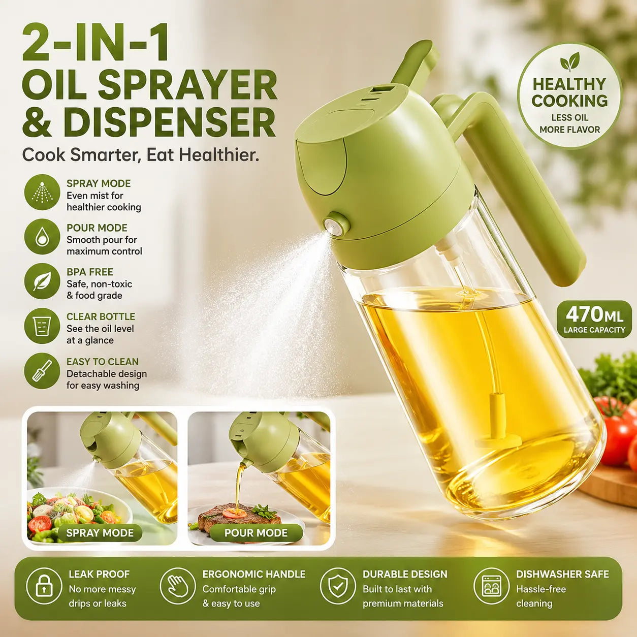 2-in-1 Oil Sprayer & Dispenser Bottle – 470ml Leak-Proof Glass Olive Oil Spray for Cooking, Air Fryer, BBQ & Salads