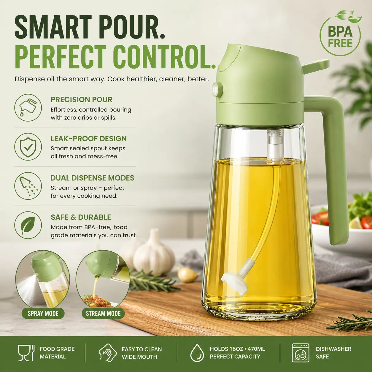 2-in-1 Oil Sprayer & Dispenser Bottle – 470ml Leak-Proof Glass Olive Oil Spray for Cooking, Air Fryer, BBQ & Salads