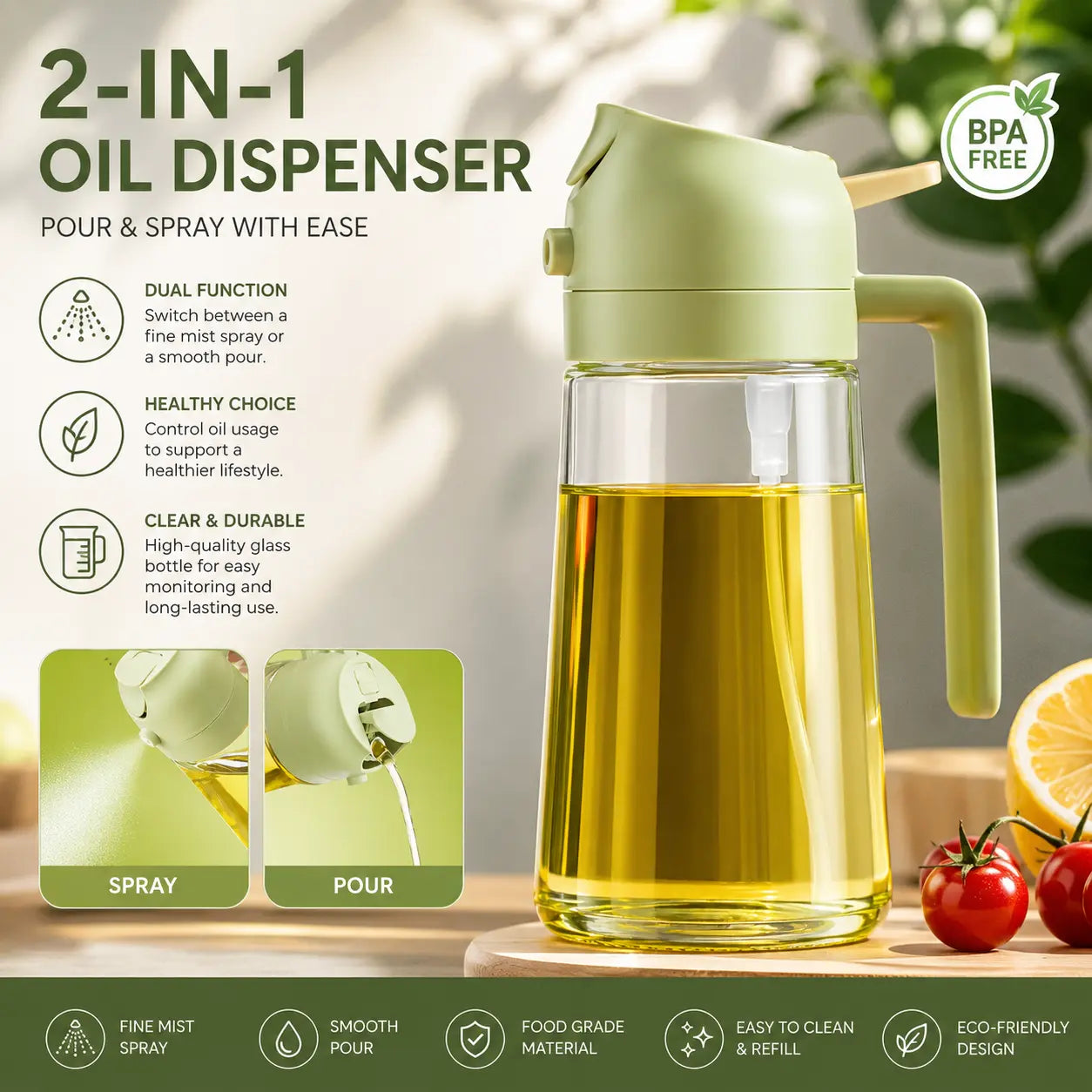 2-in-1 Oil Sprayer & Dispenser Bottle – 470ml Leak-Proof Glass Olive Oil Spray for Cooking, Air Fryer, BBQ & Salads