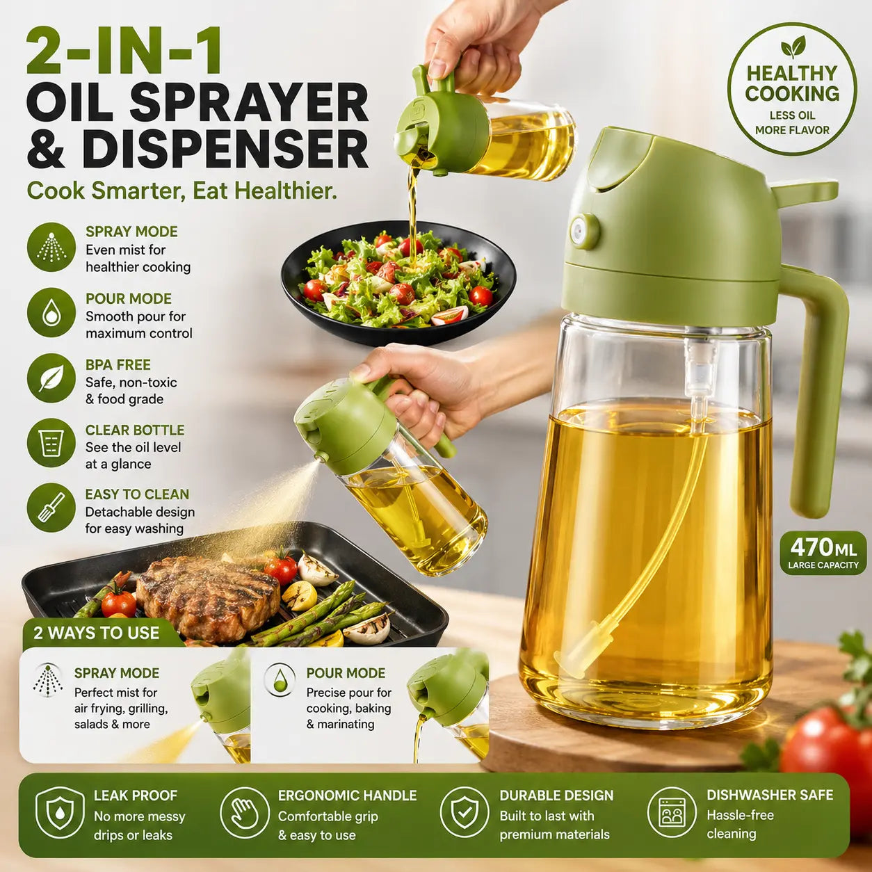 2-in-1 Oil Sprayer & Dispenser Bottle – 470ml Leak-Proof Glass Olive Oil Spray for Cooking, Air Fryer, BBQ & Salads