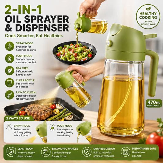 2-in-1 Oil Sprayer & Dispenser Bottle – 470ml Leak-Proof Glass Olive Oil Spray for Cooking, Air Fryer, BBQ & Salads