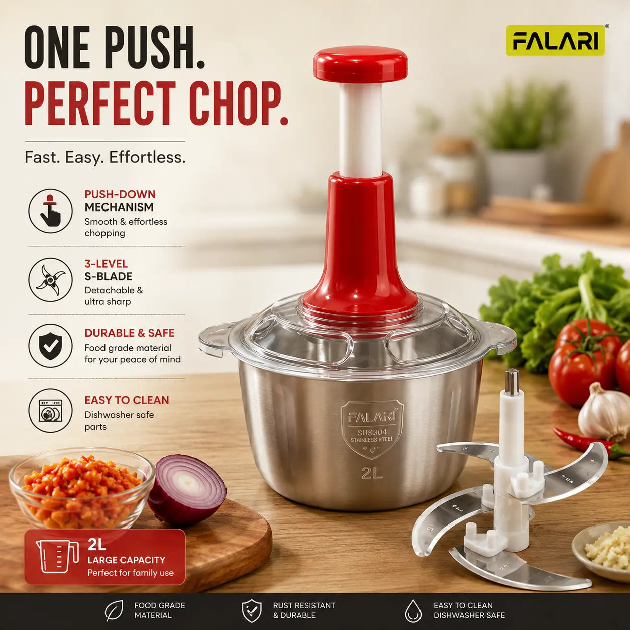 2LML Manual Food Chopper – Stainless Steel Push Chopper for Vegetables, Garlic, Onions, Herbs & Meat