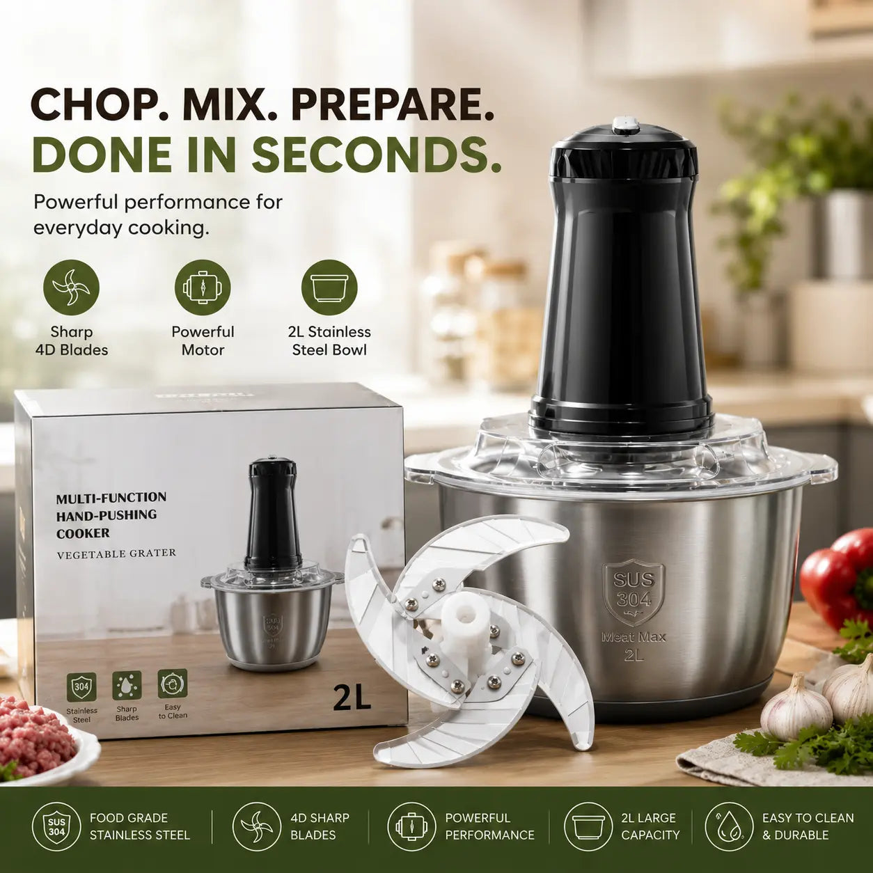 2LML Manual Food Chopper – Stainless Steel Push Chopper for Vegetables, Garlic, Onions, Herbs & Meat