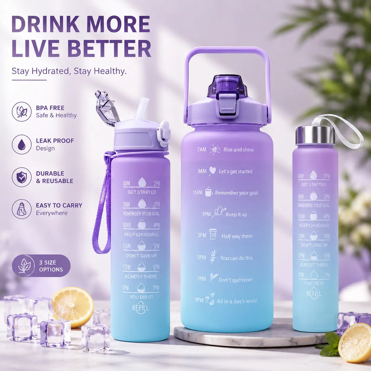SET of 3 Water Bottle with Time Marker – BPA-Free Leak-Proof Sports Water Bottle for Gym, Fitness, Travel & Daily Hydration