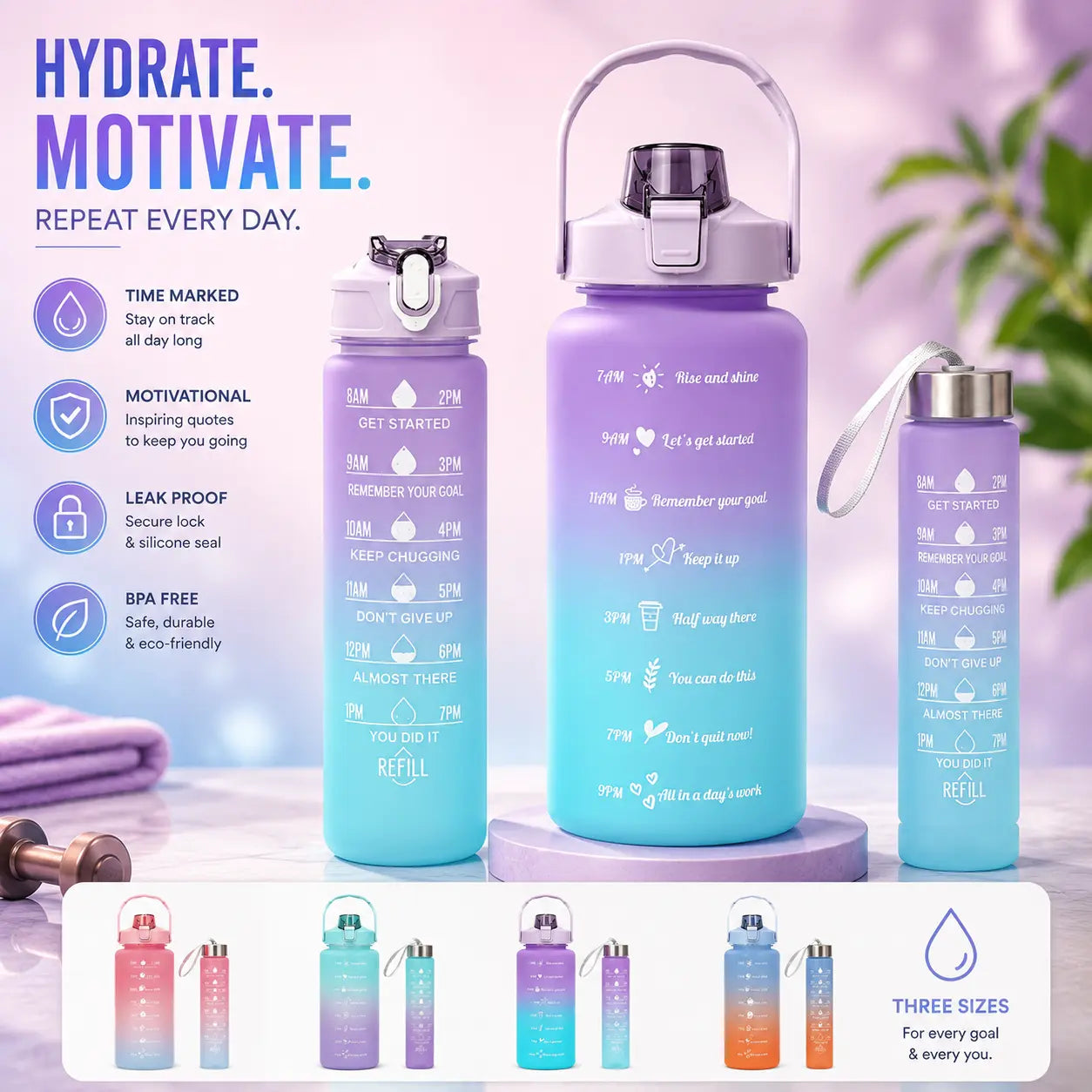 SET of 3 Water Bottle with Time Marker – BPA-Free Leak-Proof Sports Water Bottle for Gym, Fitness, Travel & Daily Hydration