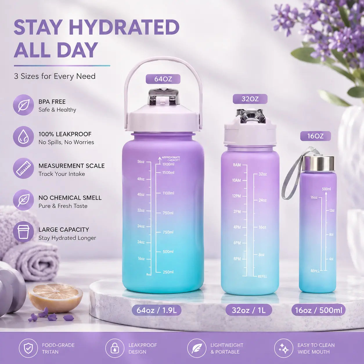 SET of 3 Water Bottle with Time Marker – BPA-Free Leak-Proof Sports Water Bottle for Gym, Fitness, Travel & Daily Hydration