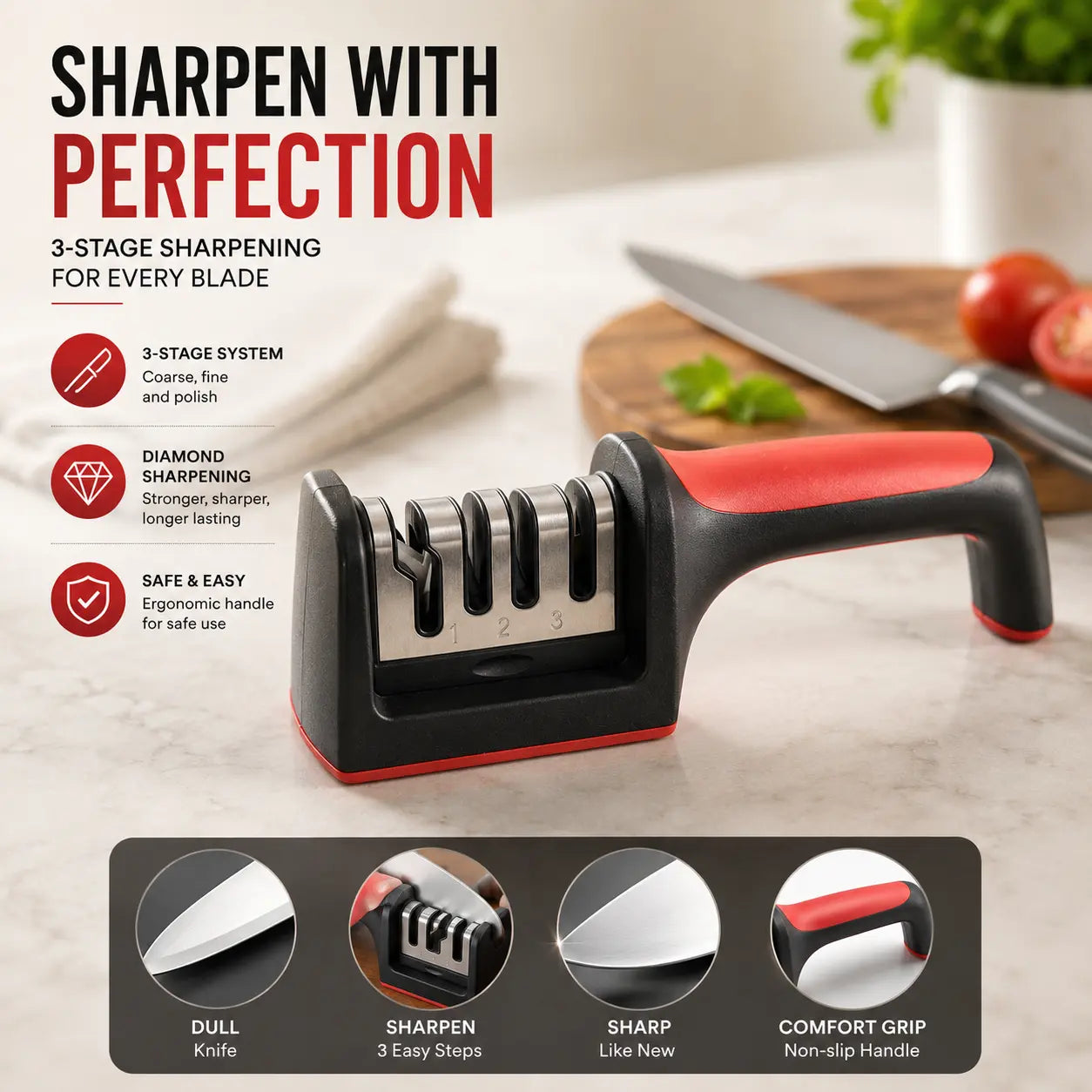 3-Stage Knife Sharpener – Professional Manual Kitchen Knife Sharpening Tool with Ergonomic Non-Slip Handle