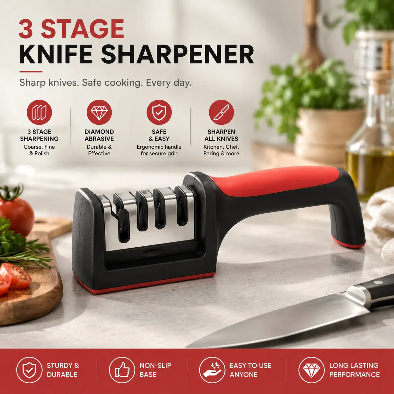 3-Stage Knife Sharpener – Professional Manual Kitchen Knife Sharpening Tool with Ergonomic Non-Slip Handle