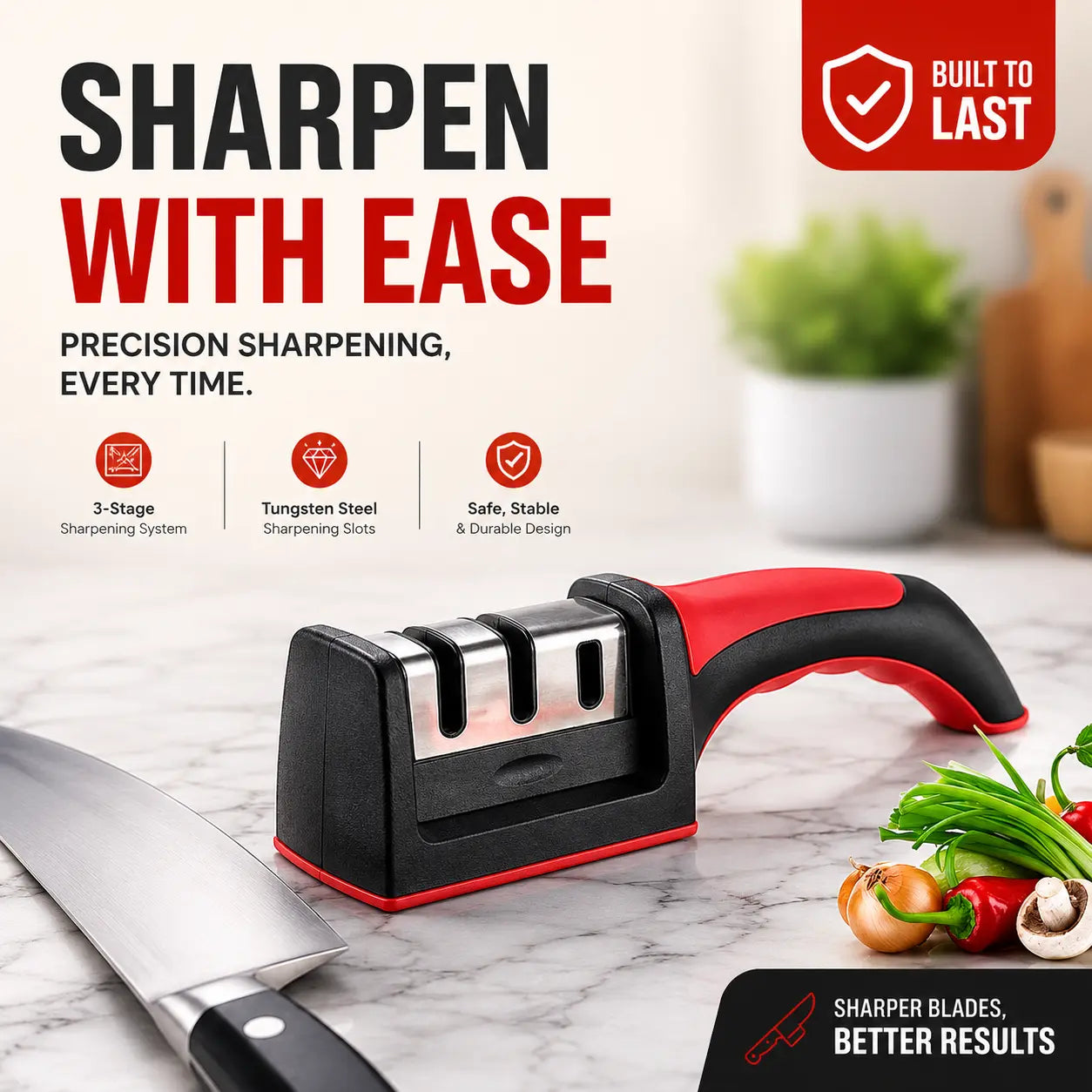 3-Stage Knife Sharpener – Professional Manual Kitchen Knife Sharpening Tool with Ergonomic Non-Slip Handle