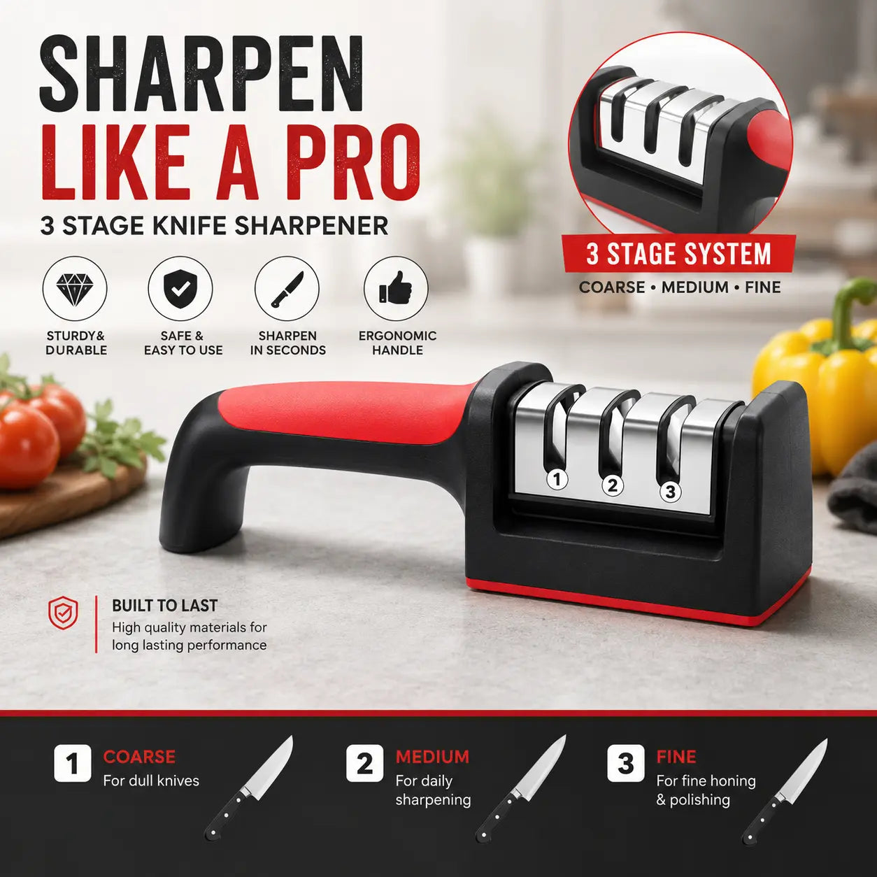 3-Stage Knife Sharpener – Professional Manual Kitchen Knife Sharpening Tool with Ergonomic Non-Slip Handle
