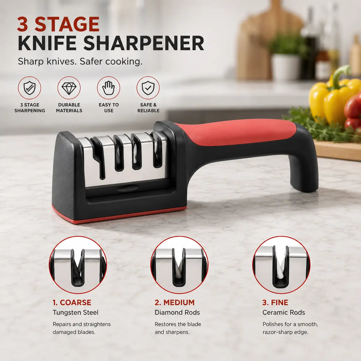 3-Stage Knife Sharpener – Professional Manual Kitchen Knife Sharpening Tool with Ergonomic Non-Slip Handle