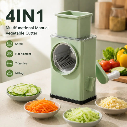 4-in-1 Rotary Vegetable Cutter – Manual Vegetable Slicer, Grater & Shredder for Fruits, Cheese and Kitchen Prep