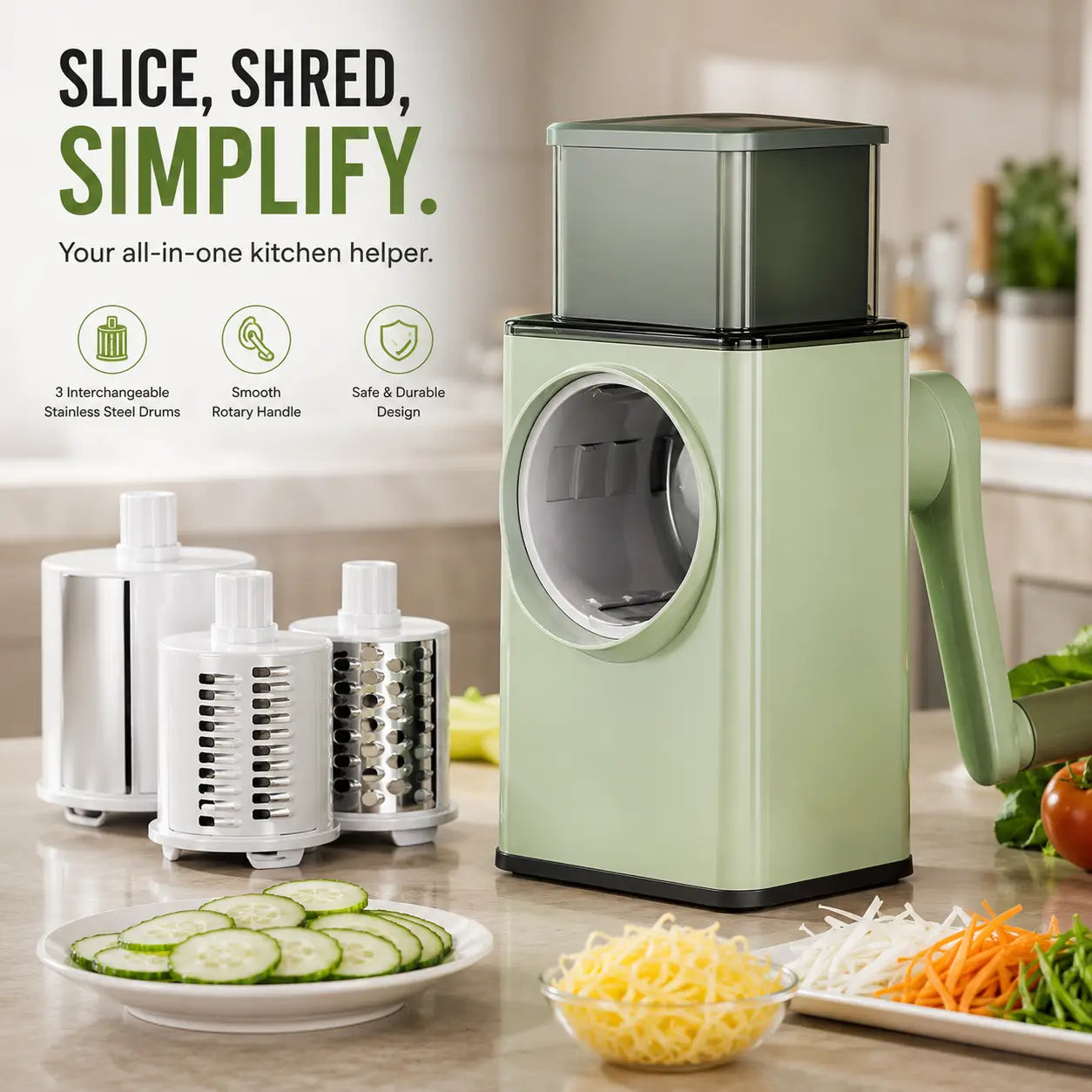 4-in-1 Rotary Vegetable Cutter – Manual Vegetable Slicer, Grater & Shredder for Fruits, Cheese and Kitchen Prep