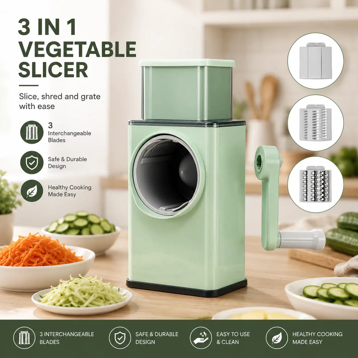 4-in-1 Rotary Vegetable Cutter – Manual Vegetable Slicer, Grater & Shredder for Fruits, Cheese and Kitchen Prep