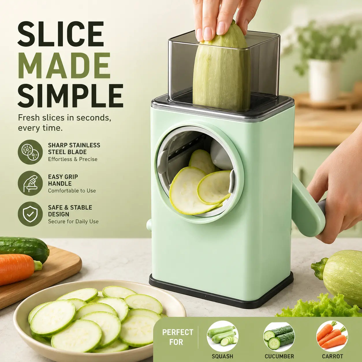 4-in-1 Rotary Vegetable Cutter – Manual Vegetable Slicer, Grater & Shredder for Fruits, Cheese and Kitchen Prep
