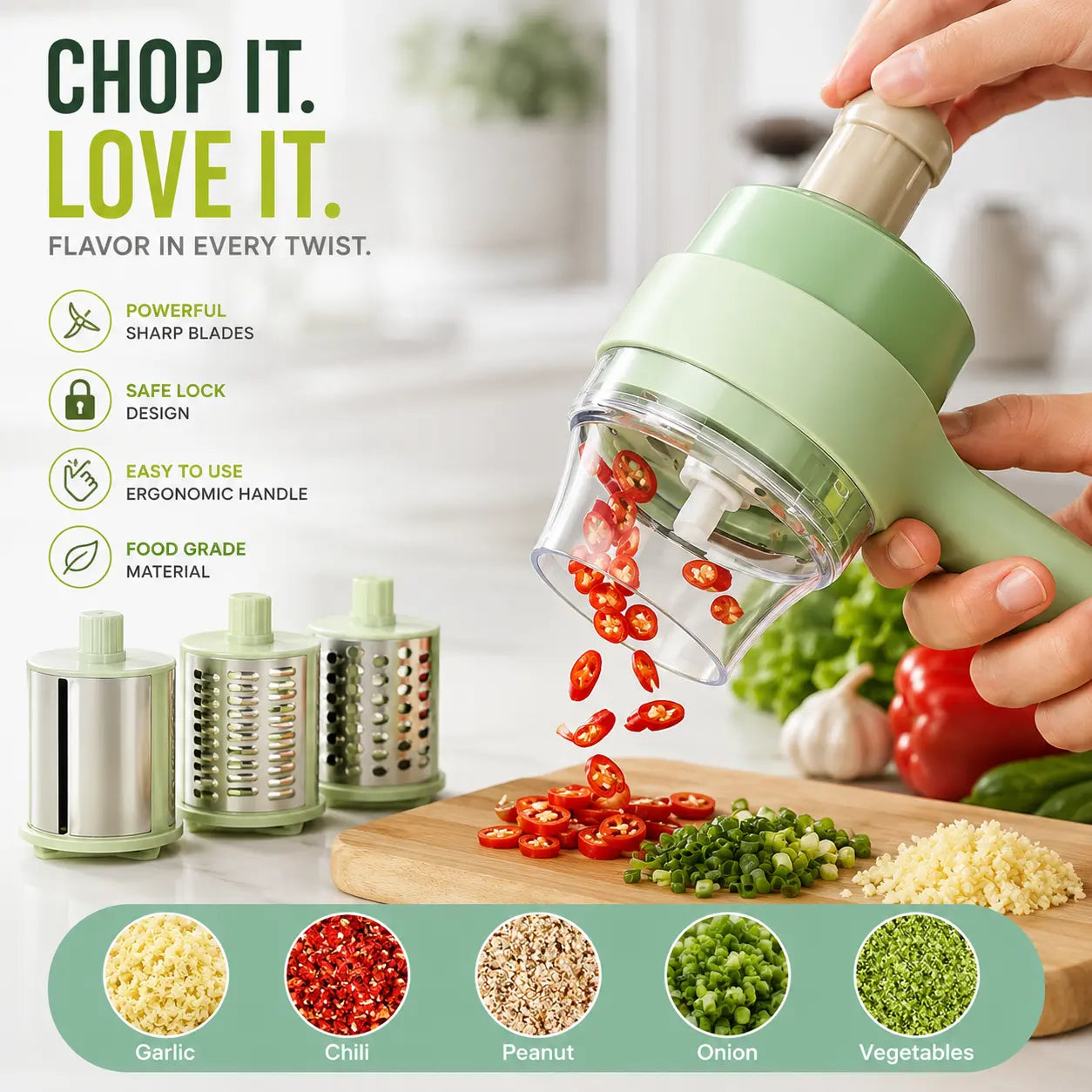 5-in-1 Manual Food Chopper & Vegetable Cutter – Multifunctional Rotary Slicer, Grater & Garlic Chopper for Kitchen Prep