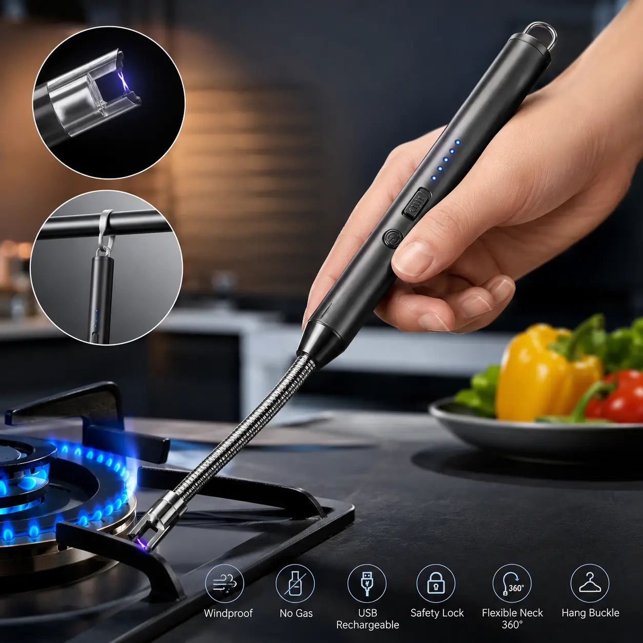 USB Rechargeable Electric Arc Lighter – Windproof Flameless Plasma Lighter for Candles, Gas Stoves, BBQ & Outdoor Use