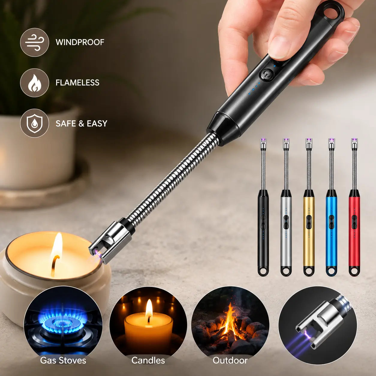 USB Rechargeable Electric Arc Lighter – Windproof Flameless Plasma Lighter for Candles, Gas Stoves, BBQ & Outdoor Use