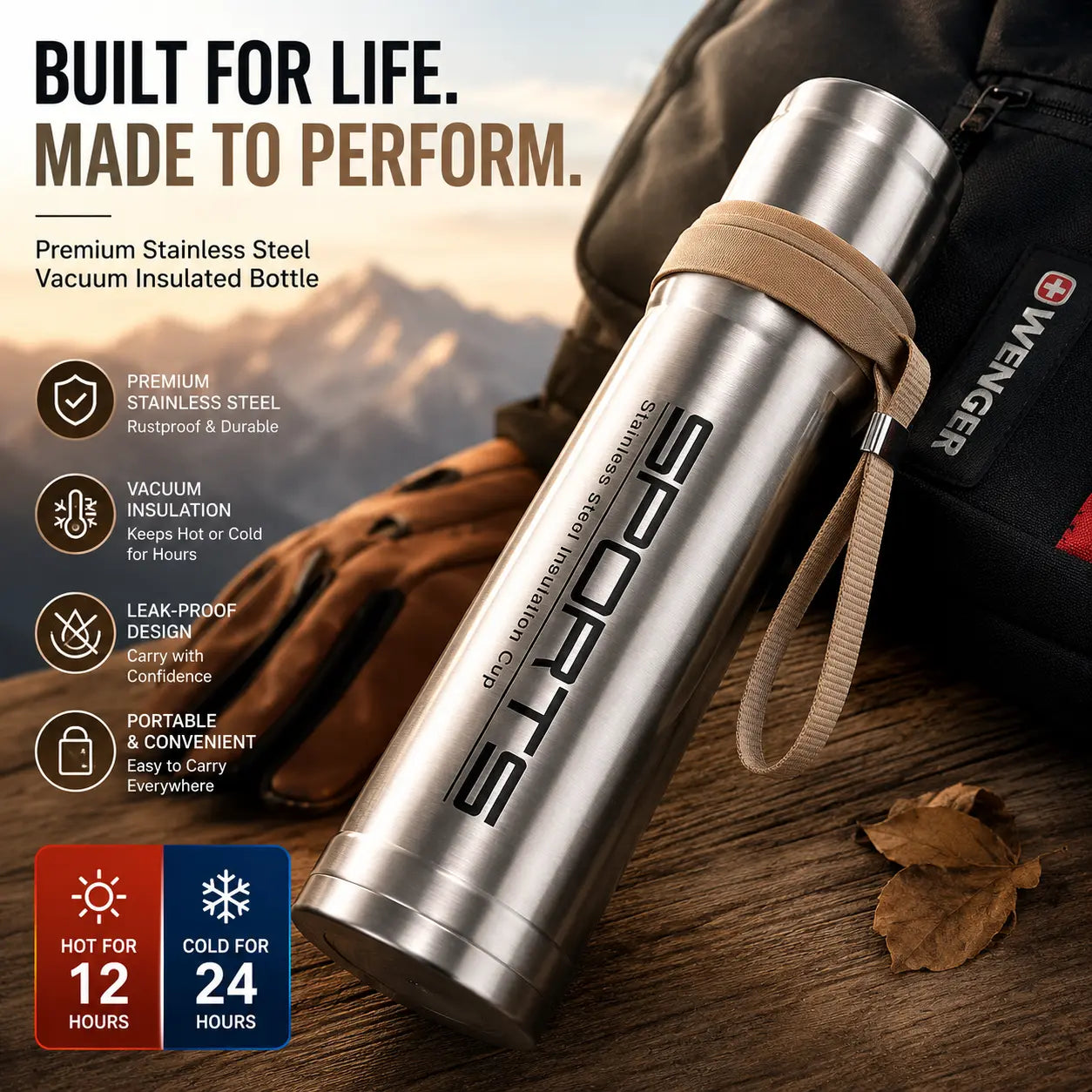 Premium Stainless Steel Vacuum Insulated Sports Flask – Leak-Proof Thermal Water Bottle for Hot & Cold Drinks