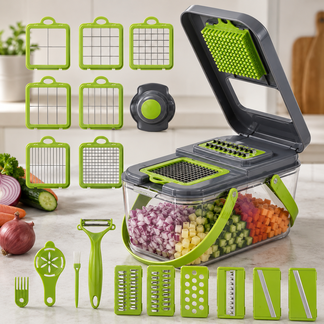 22-in-1 Multifunction Vegetable Chopper – Manual Food Dicer, Onion Cutter, Slicer & Kitchen Prep Container