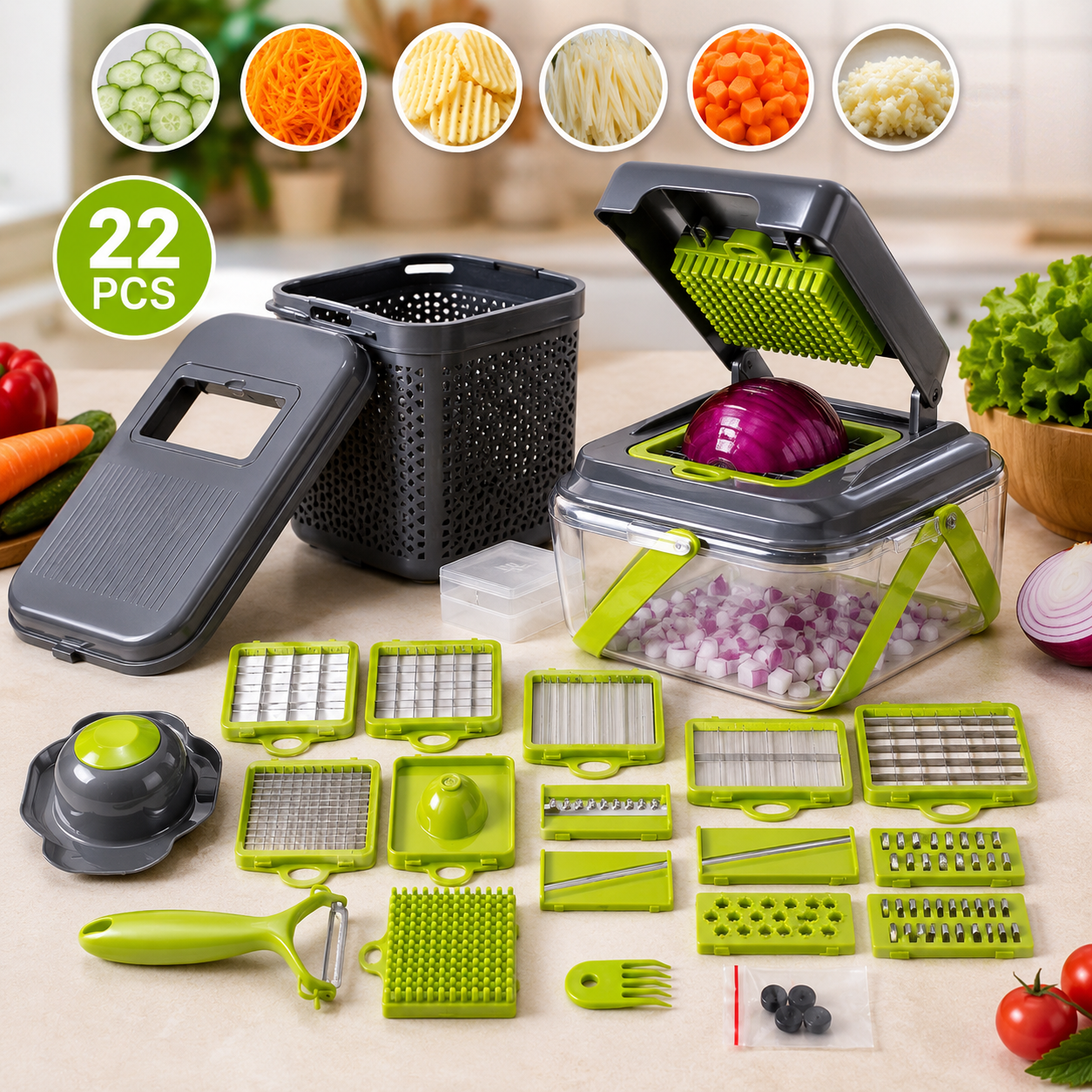 22-in-1 Multifunction Vegetable Chopper – Manual Food Dicer, Onion Cutter, Slicer & Kitchen Prep Container