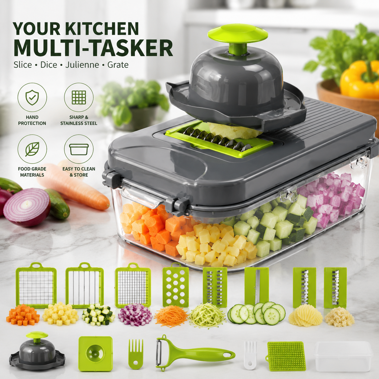 22-in-1 Multifunction Vegetable Chopper – Manual Food Dicer, Onion Cutter, Slicer & Kitchen Prep Container