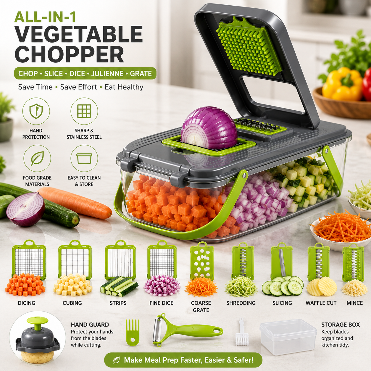 22-in-1 Multifunction Vegetable Chopper – Manual Food Dicer, Onion Cutter, Slicer & Kitchen Prep Container