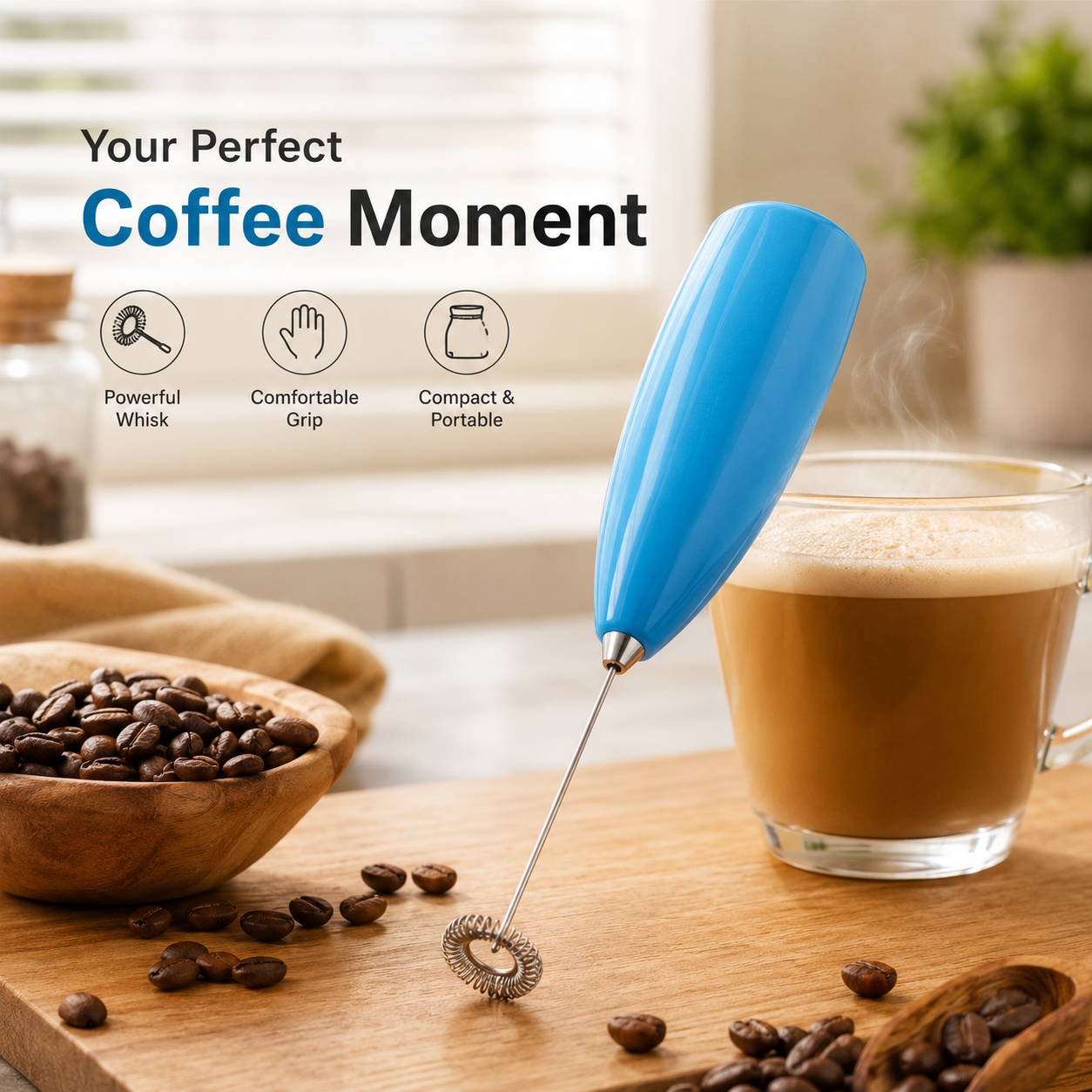 Electric Milk Frother Handheld Coffee Mixer – Portable Mini Foam Maker for Coffee, Latte, Cappuccino & Hot Chocolate