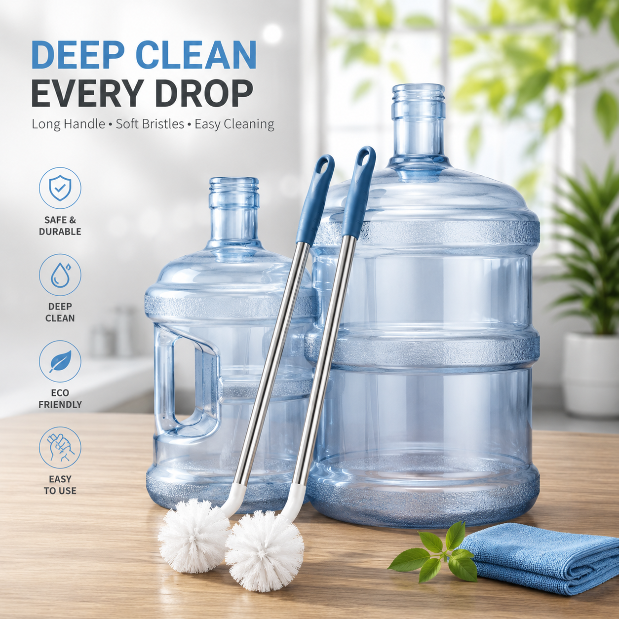 Long Handle Water Bottle Cleaning Brush Set – Deep Cleaning Brush for Water Dispensers, Gallon Bottles, Jugs & Containers