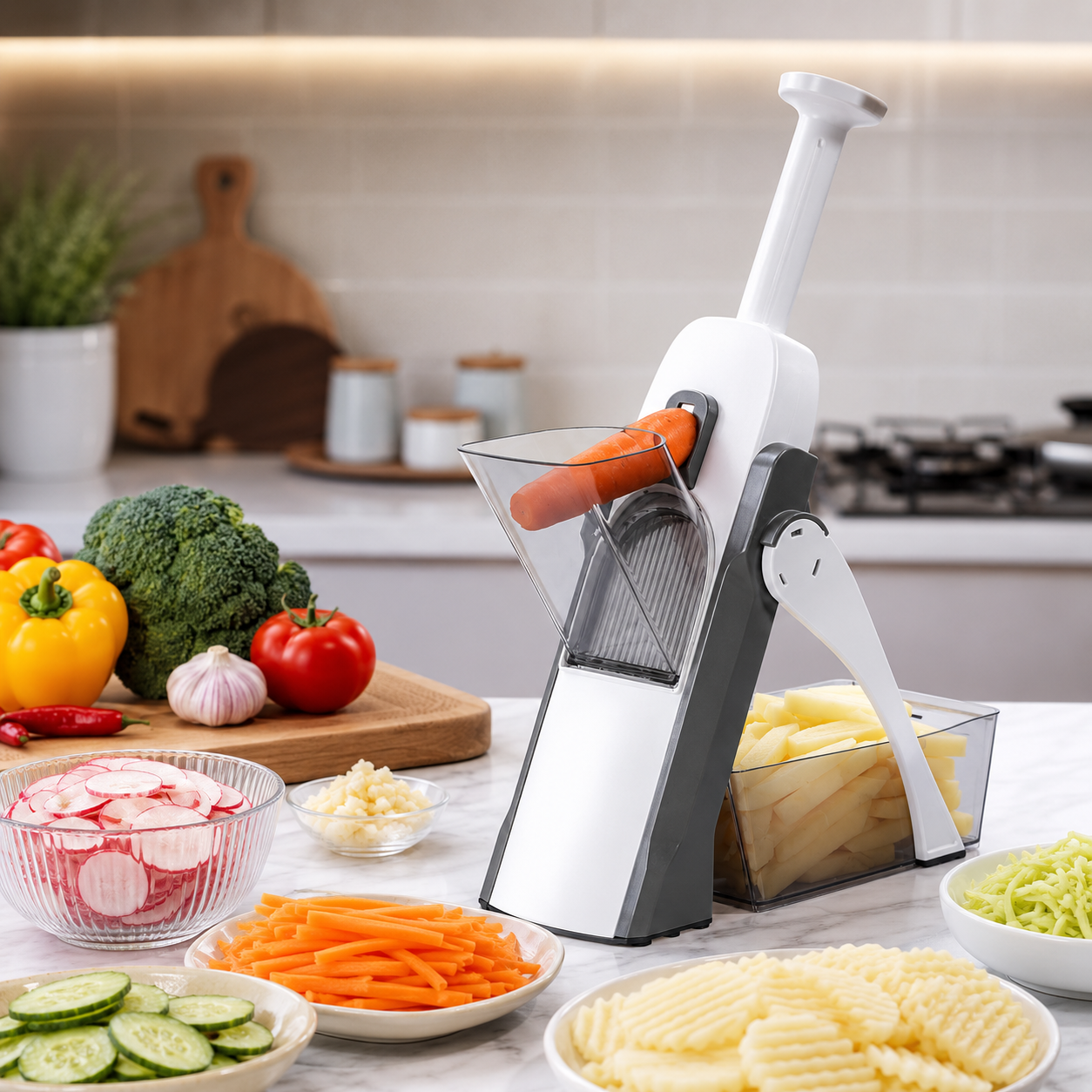 Premium Multifunction Vegetable Slicer & Mandoline Cutter – Adjustable Kitchen Slicer with Julienne Blades & Food Container