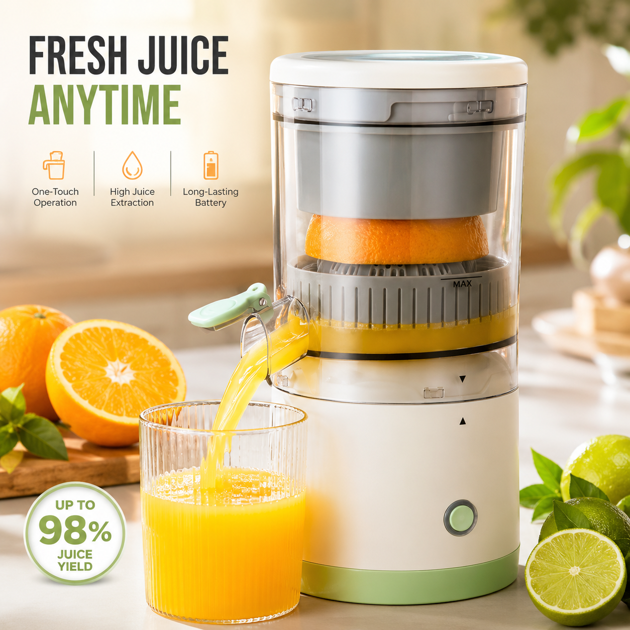 Portable Electric Citrus Juicer – USB Rechargeable Fresh Juice Maker for Oranges, Lemons, Limes & Fruits