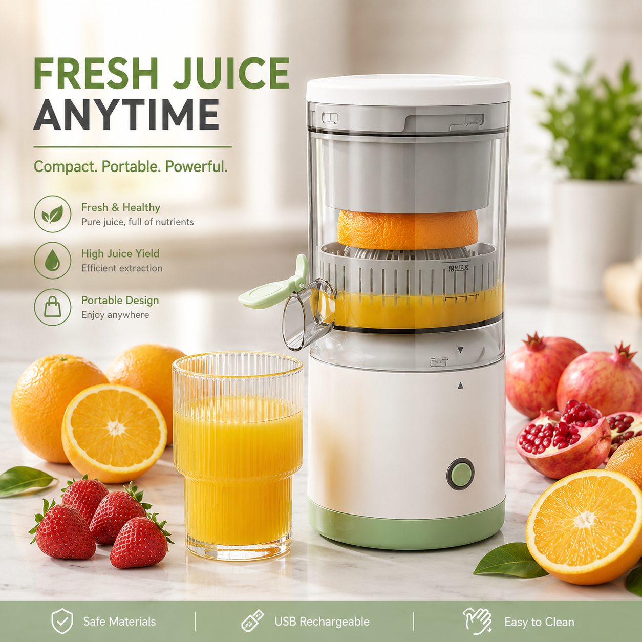 Portable Electric Citrus Juicer – USB Rechargeable Fresh Juice Maker for Oranges, Lemons, Limes & Fruits