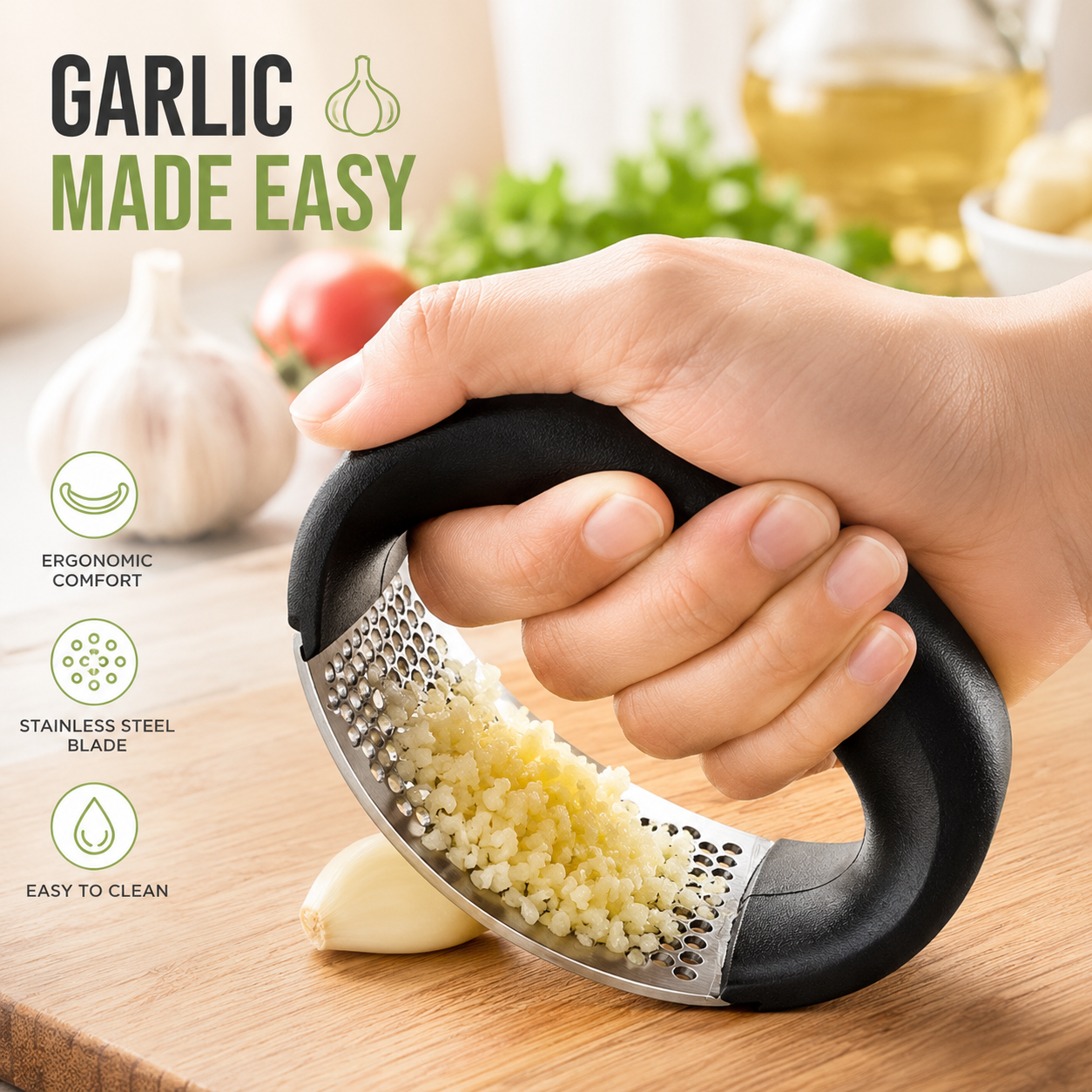 Premium Stainless Steel Garlic Mincer & Garlic Crusher – Ergonomic Manual Garlic Press for Fast Kitchen Prep