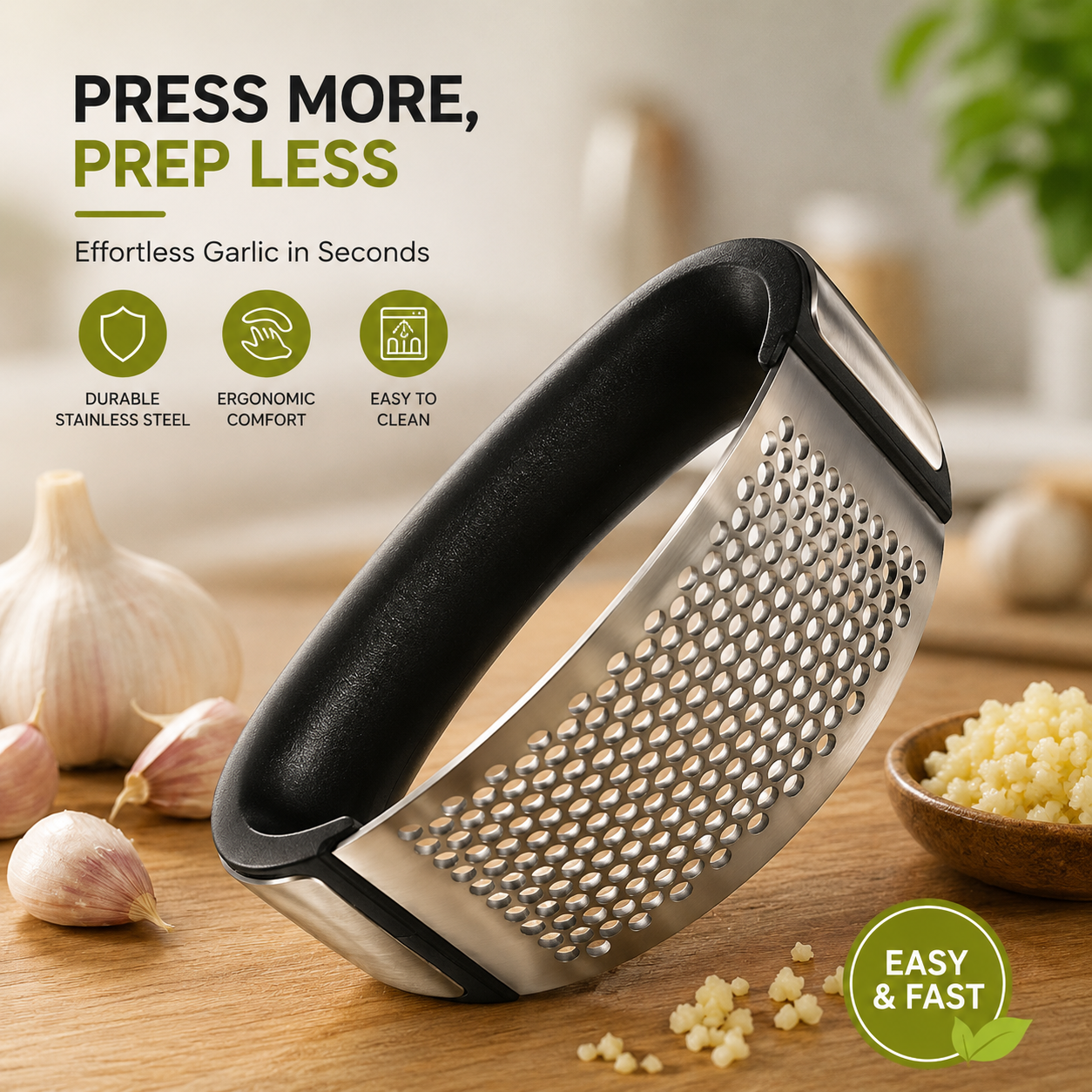 Premium Stainless Steel Garlic Mincer & Garlic Crusher – Ergonomic Manual Garlic Press for Fast Kitchen Prep